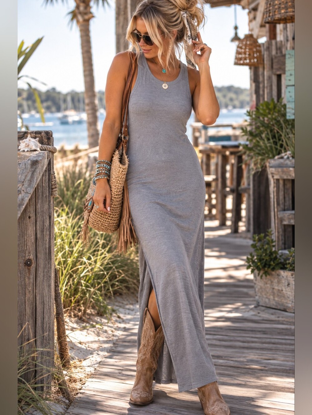 Athleta Gray Ribbed Racerback Maxi Dress Slit Size M